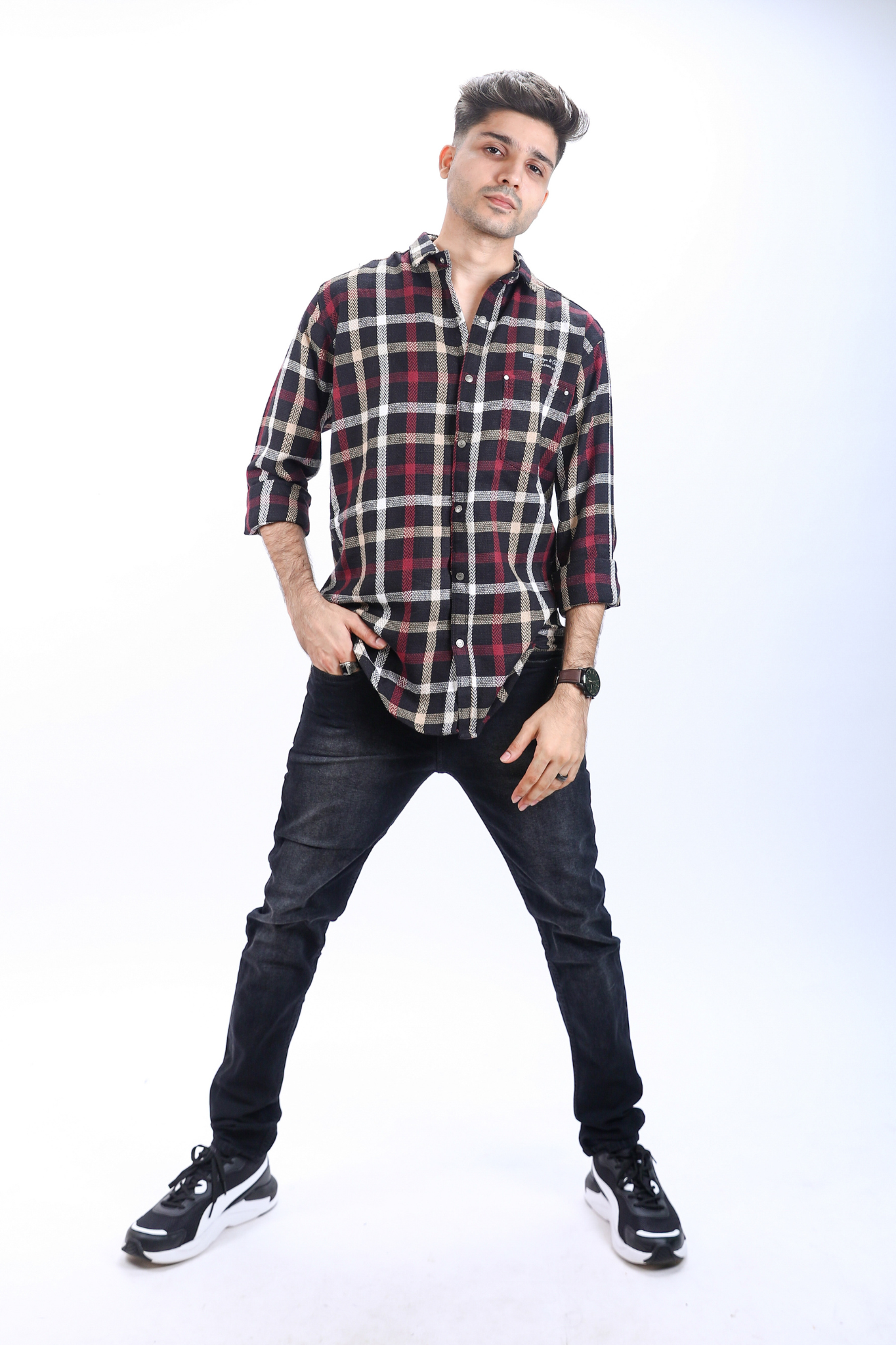 Mens Black Casual Checkered Flannel Shirt