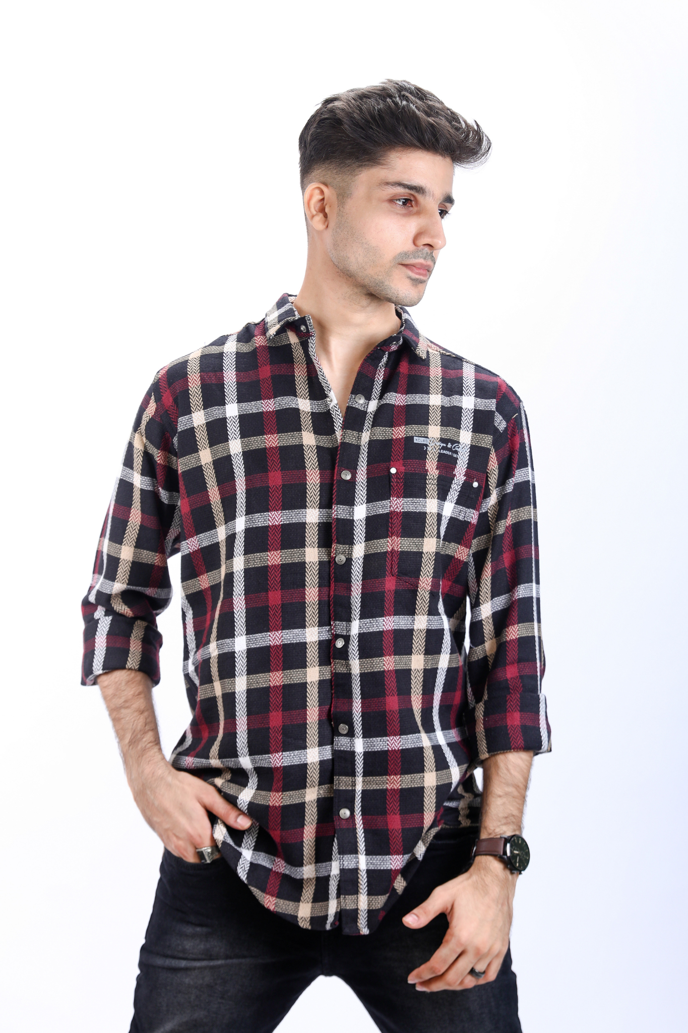 Mens Black Casual Checkered Flannel Shirt
