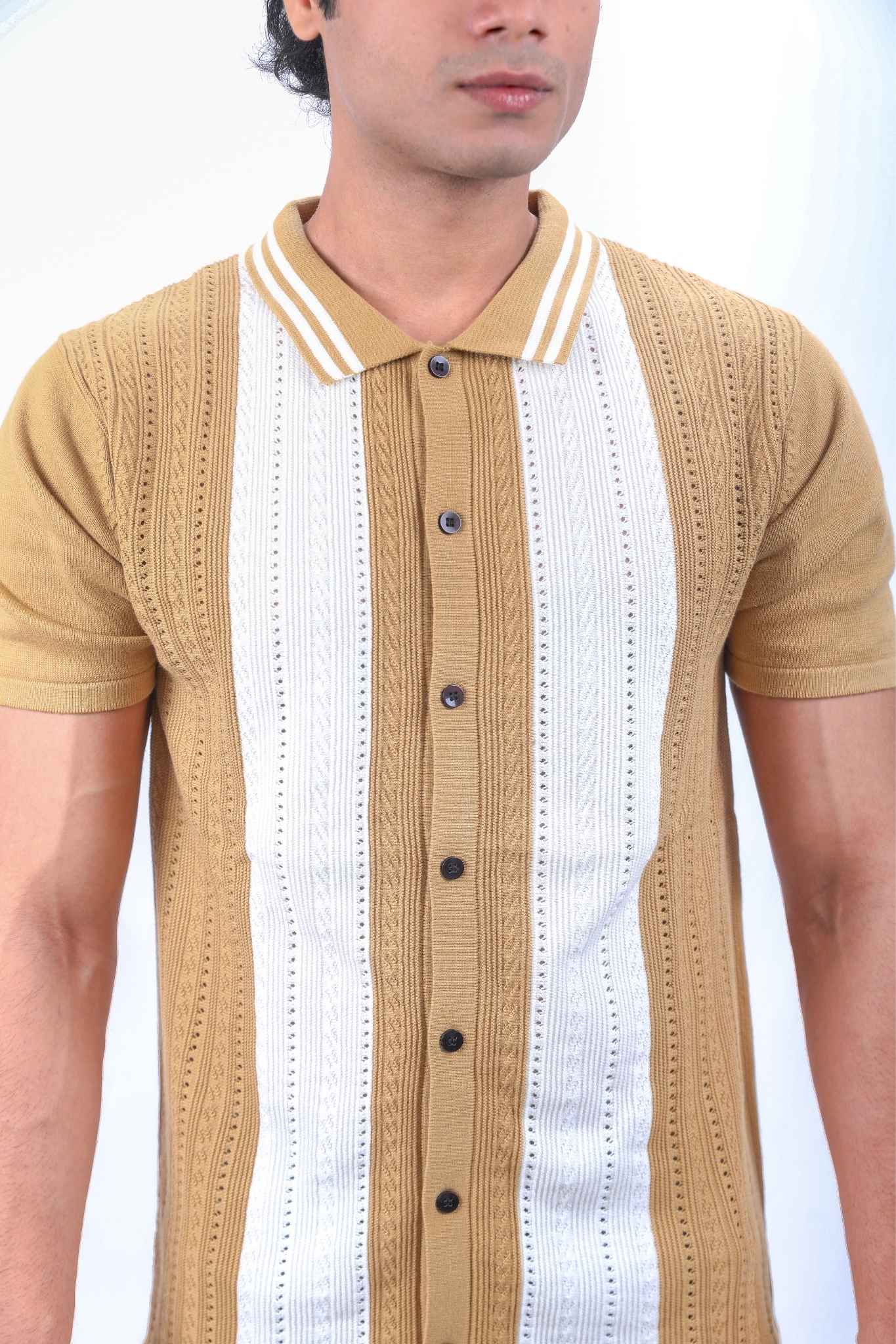 Tan with Cream Stripes Heritage Knit Polo Shirt