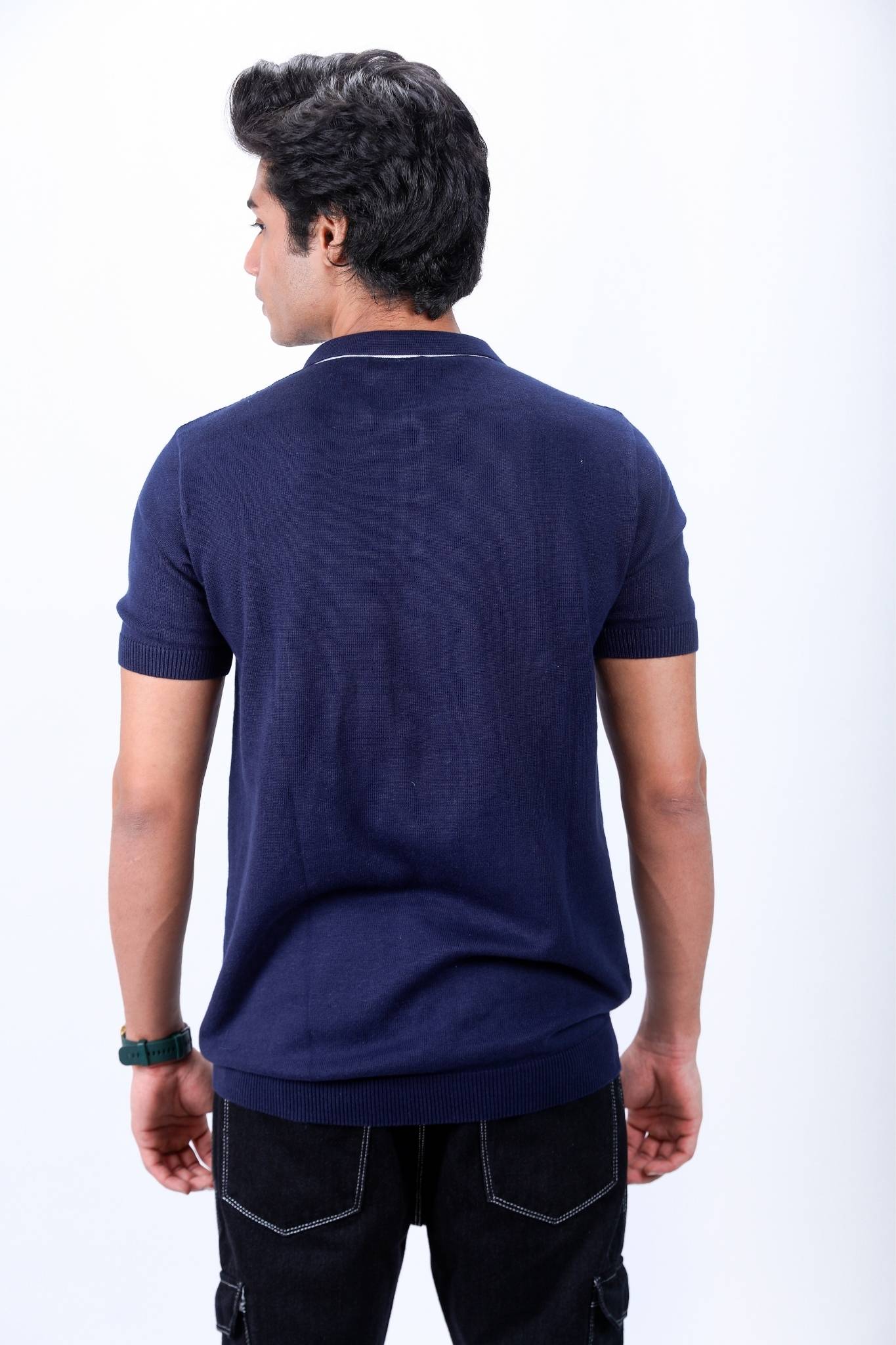Navy Blue Textured Polo T-Shirt with Geometric Pattern Pocket