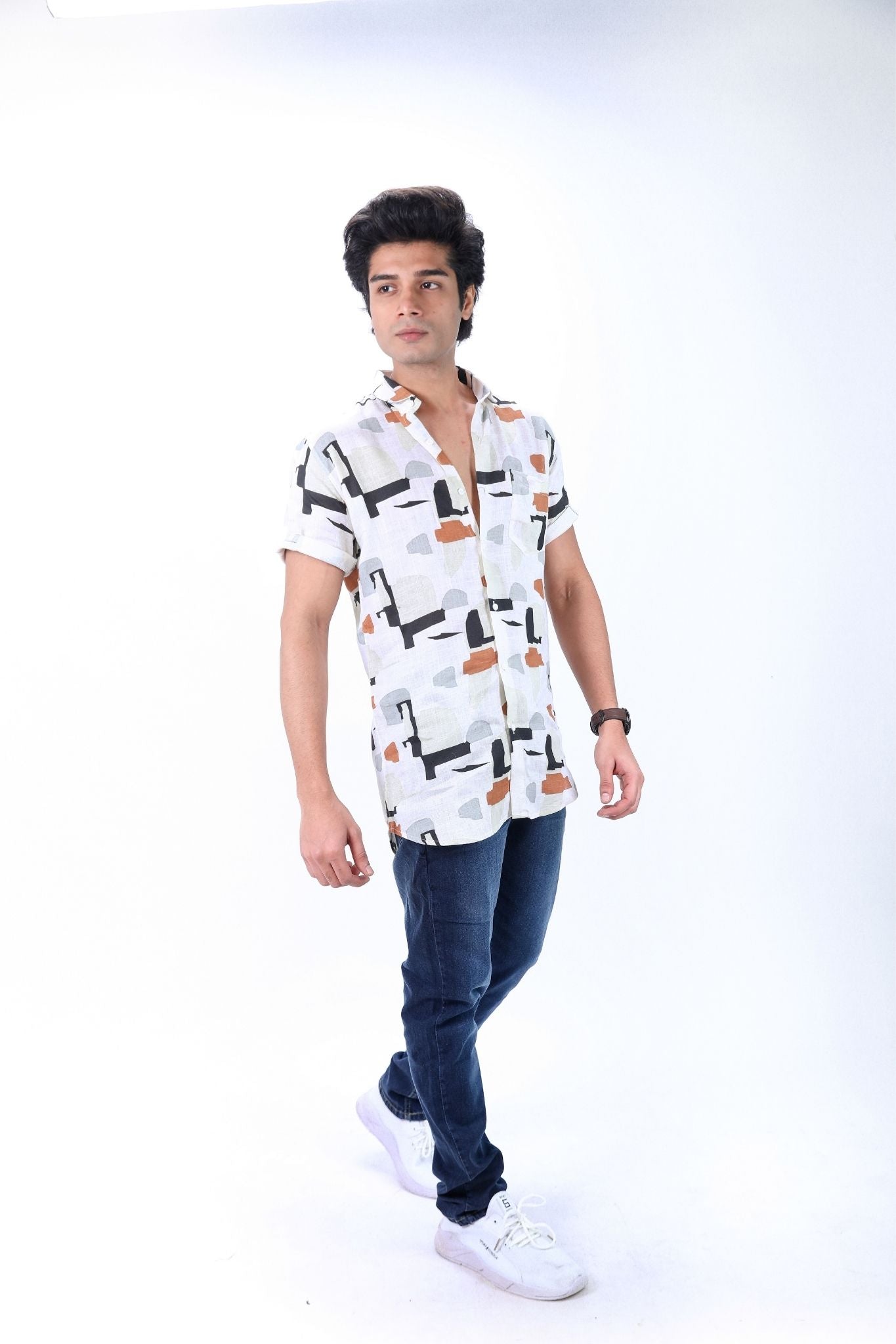 Printed White & Multi Abstract Short Sleeve Shirt