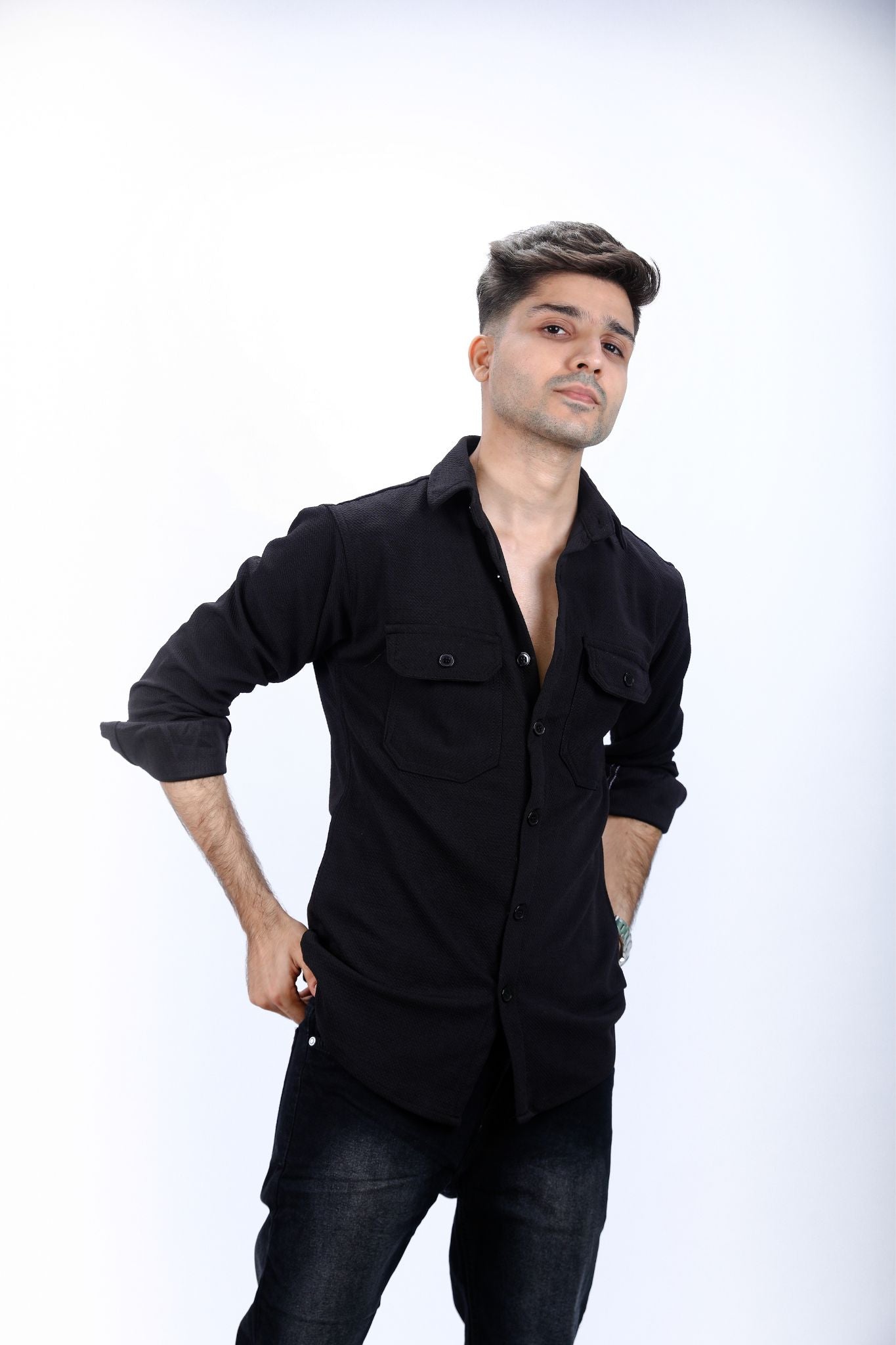 Black Textured Long-Sleeved Shirt