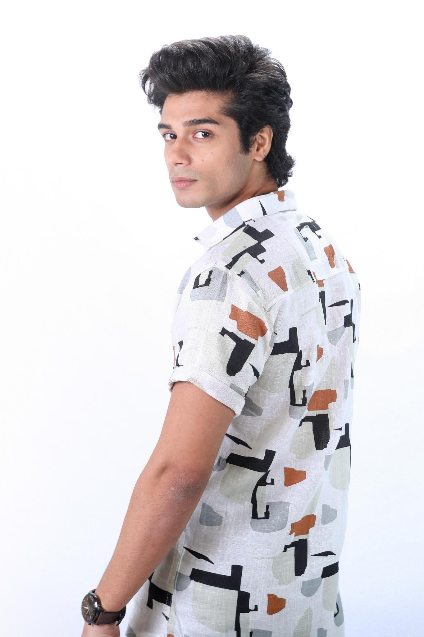 Printed White & Multi Abstract Short Sleeve Shirt