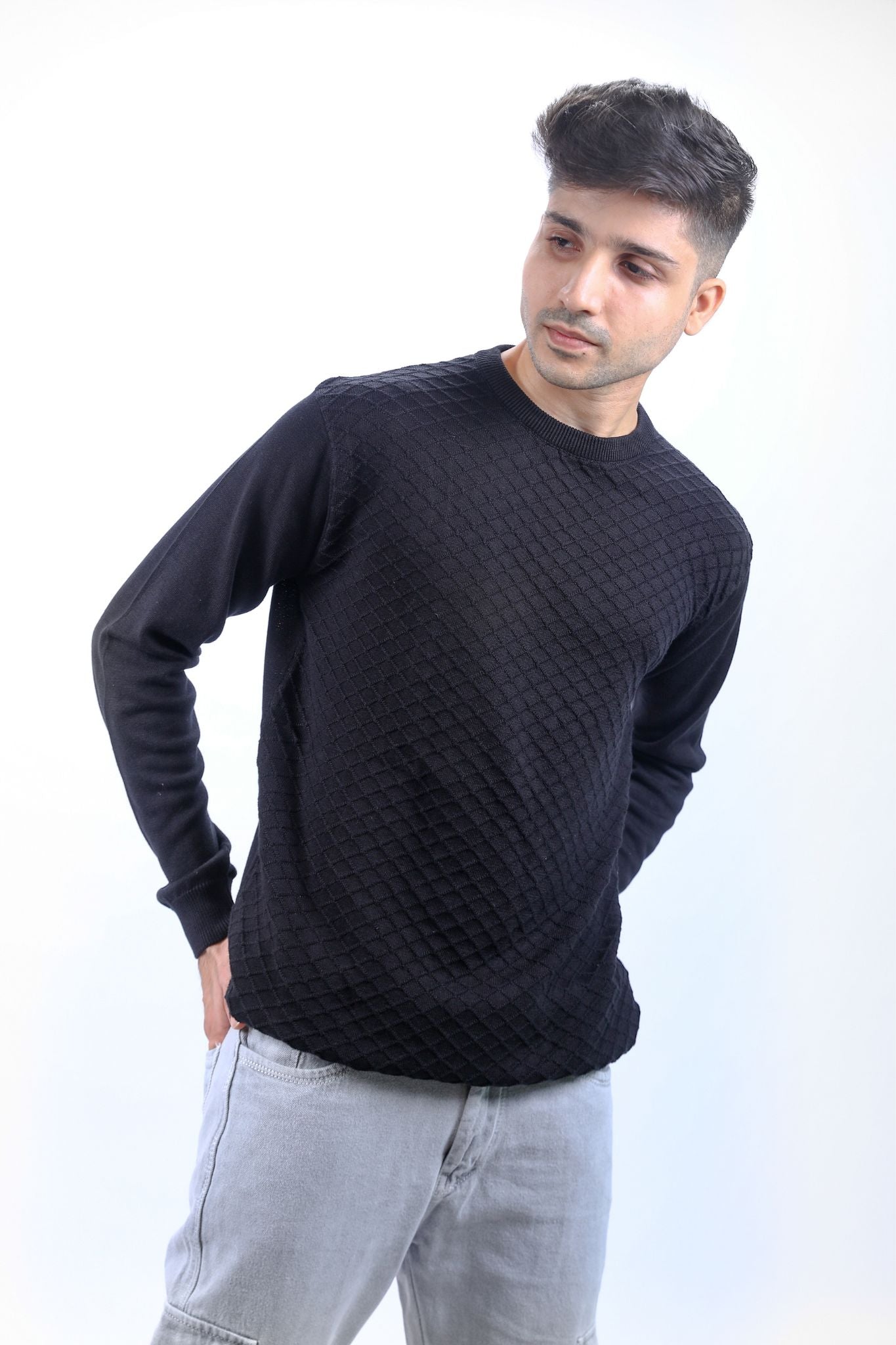 Black Textured Knit Long-Sleeve T-Shirt