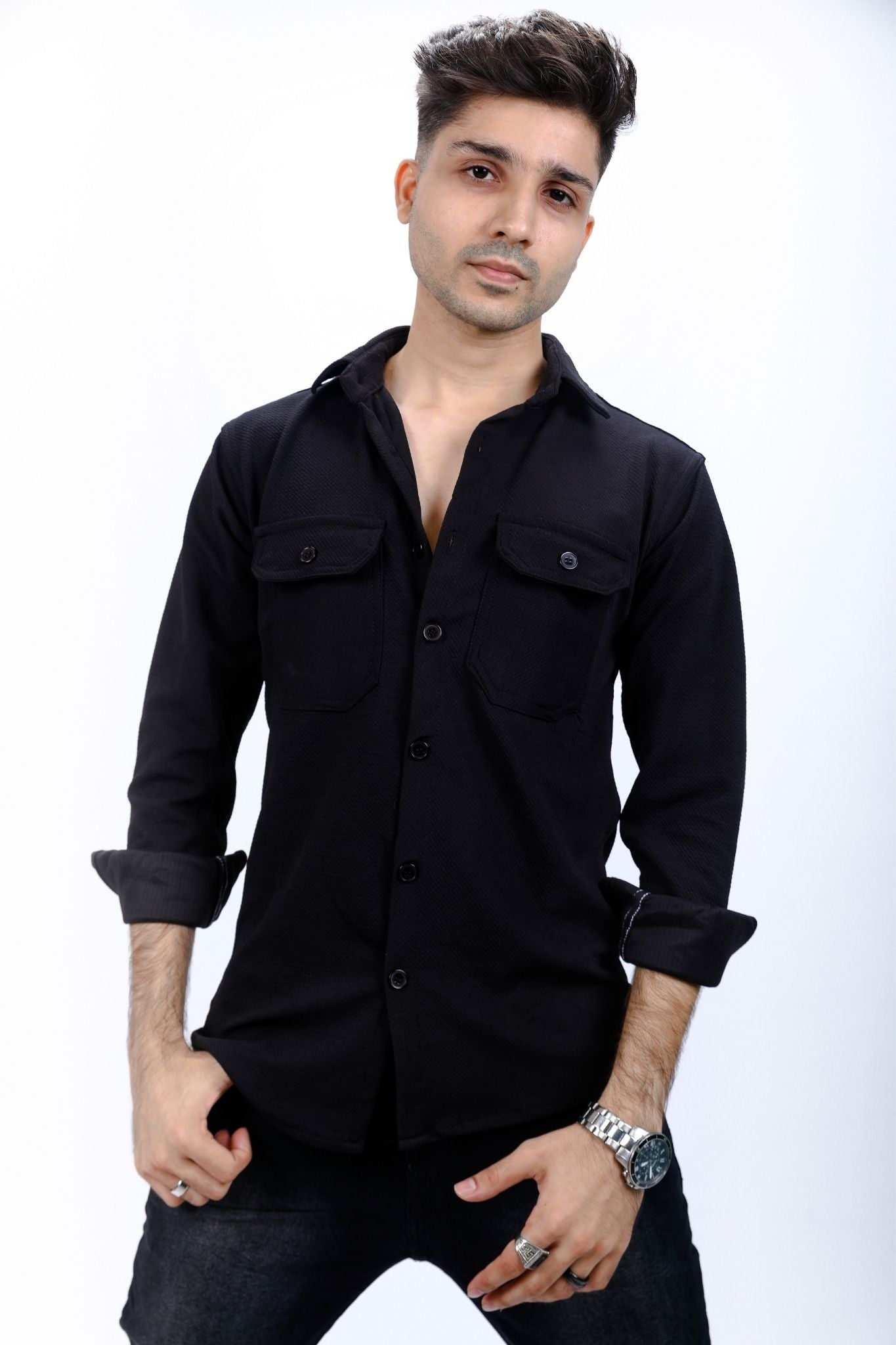 Black Textured Long-Sleeved Shirt