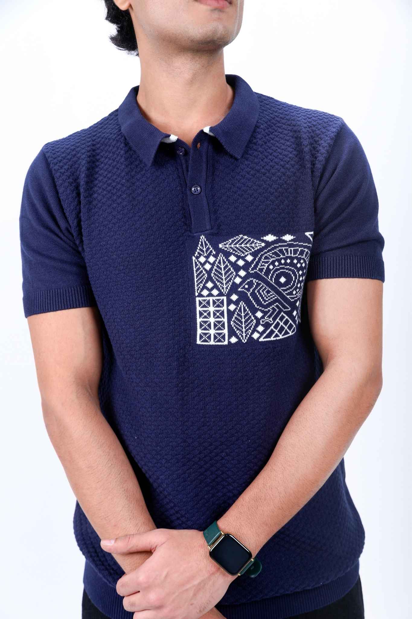 Navy Blue Textured Polo T-Shirt with Geometric Pattern Pocket