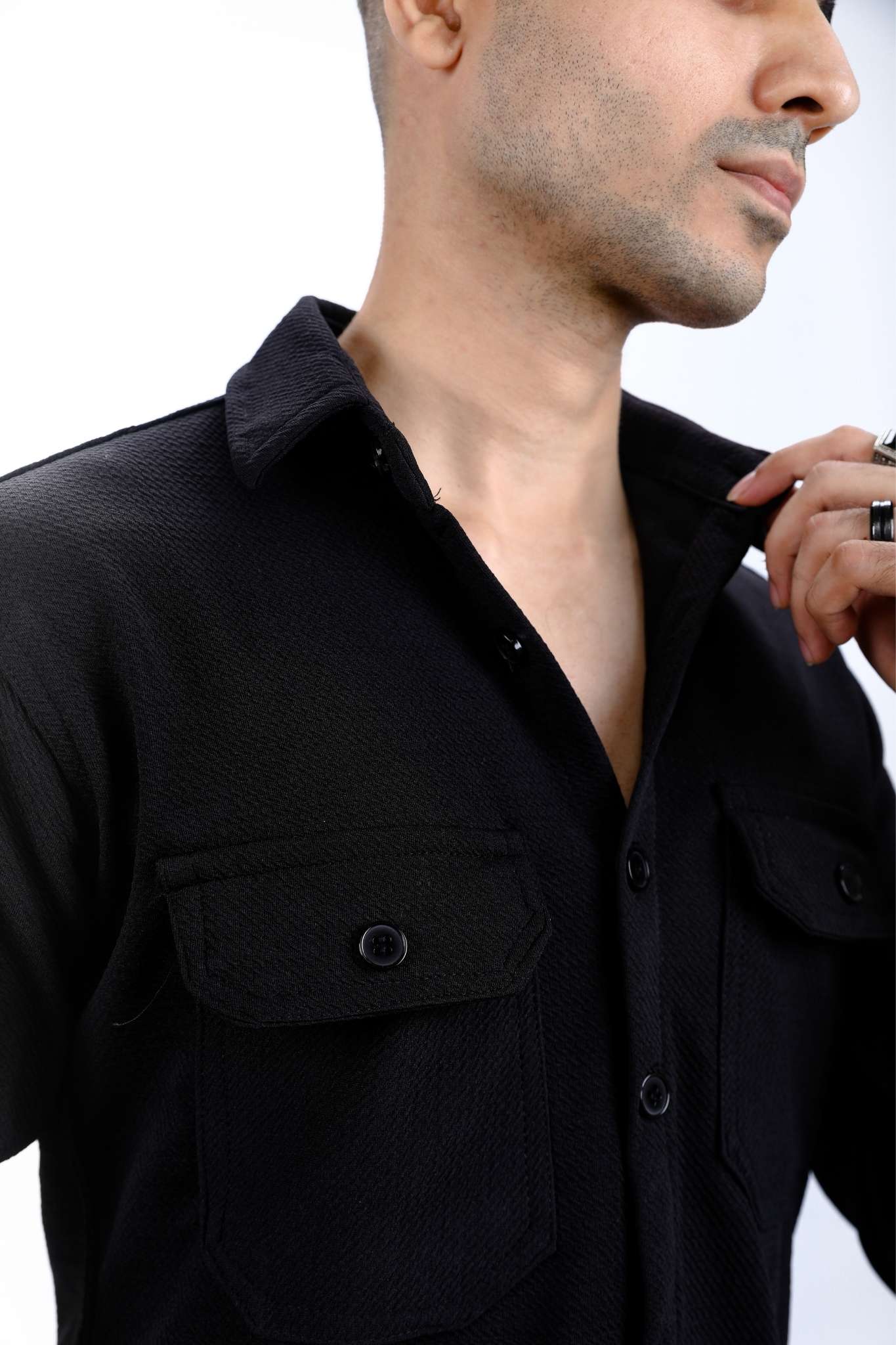 Black Textured Long-Sleeved Shirt