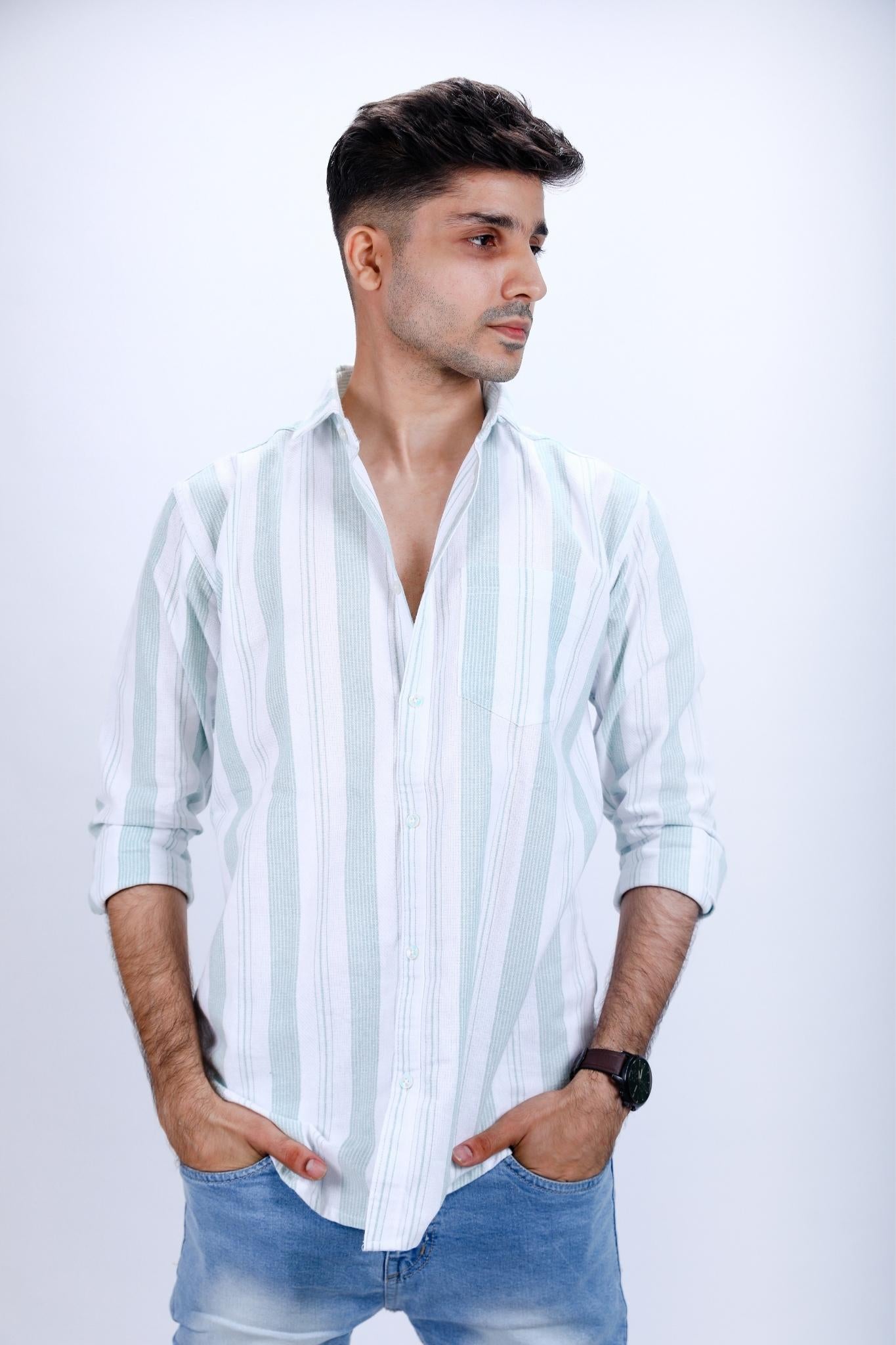 Mint Green Striped Linen Shirt
