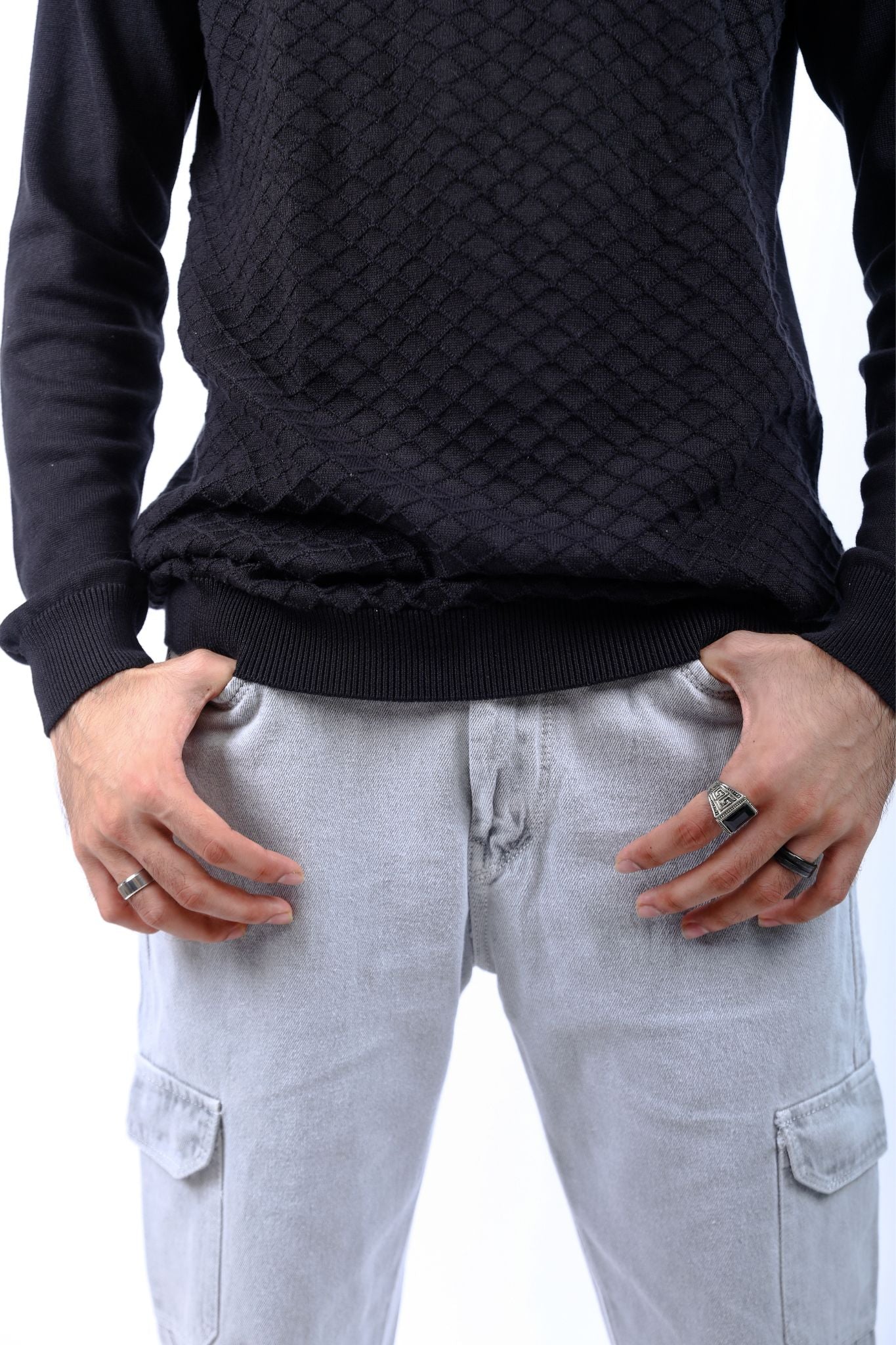 Black Textured Knit Long-Sleeve T-Shirt