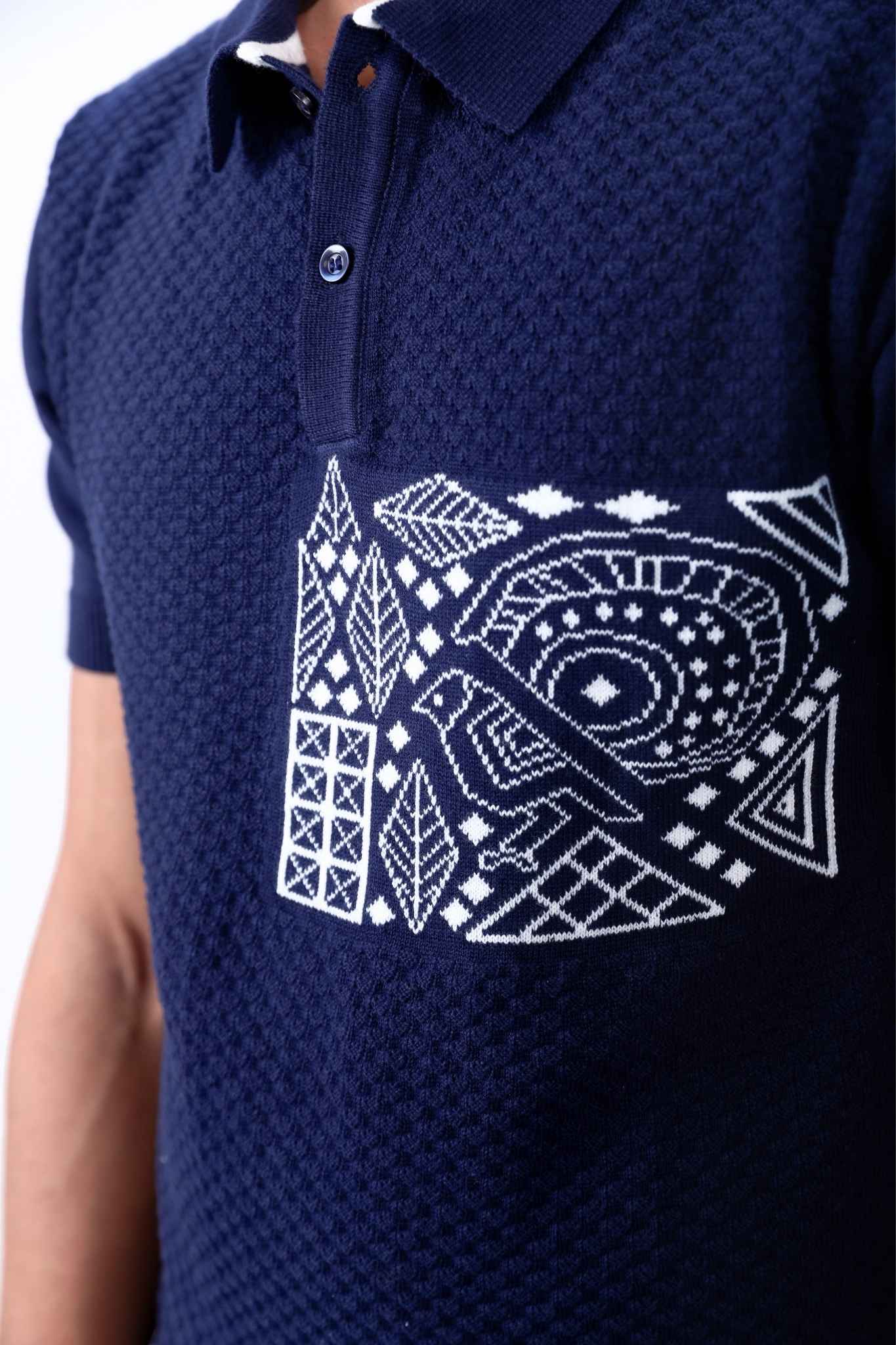 Navy Blue Textured Polo T-Shirt with Geometric Pattern Pocket