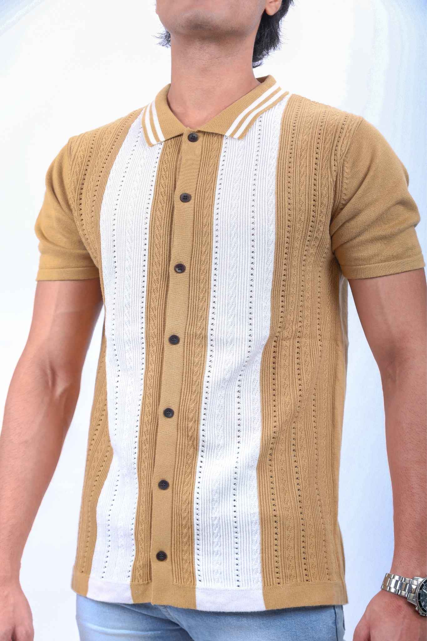 Tan with Cream Stripes Heritage Knit Polo Shirt