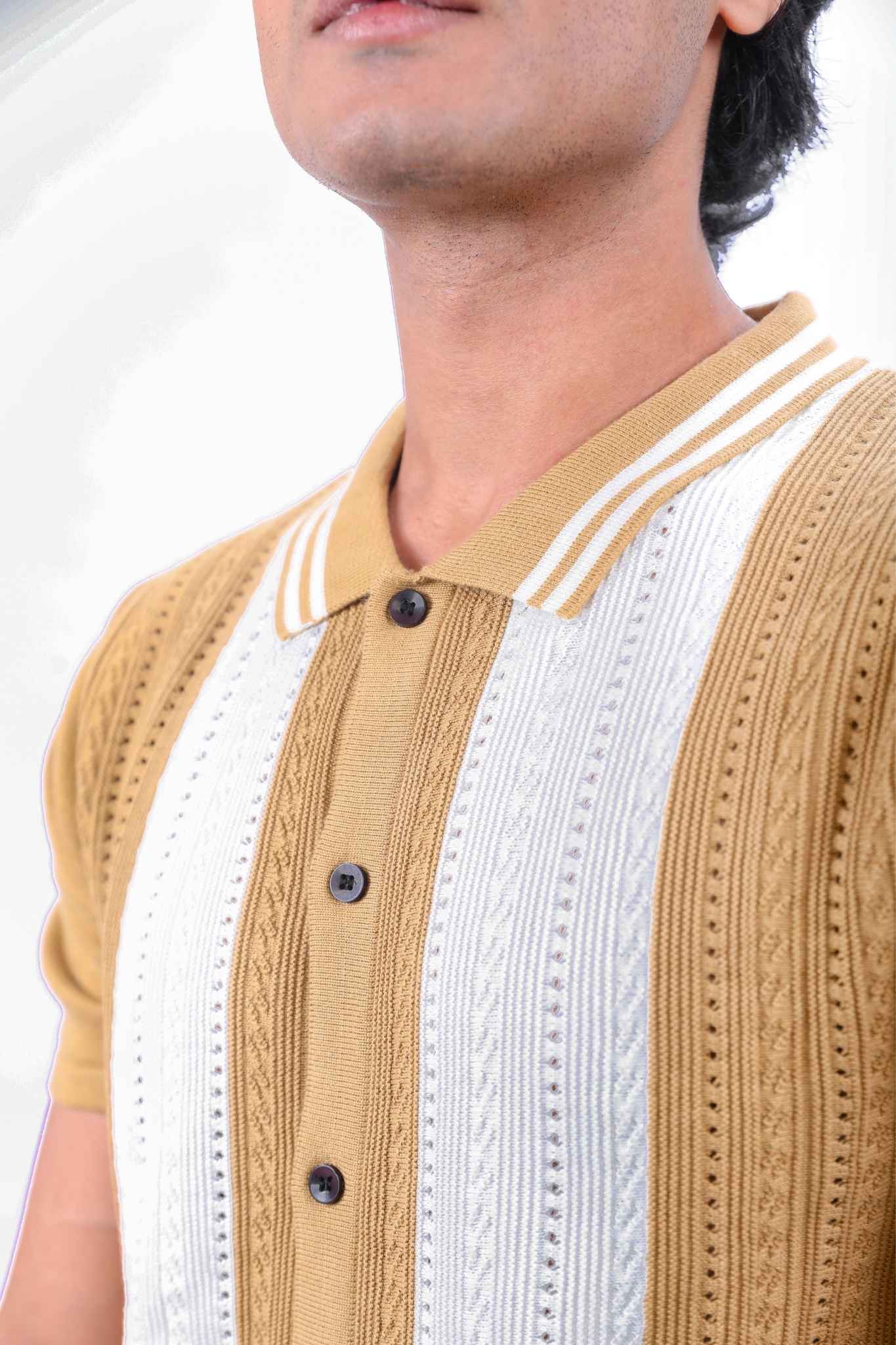 Tan with Cream Stripes Heritage Knit Polo Shirt