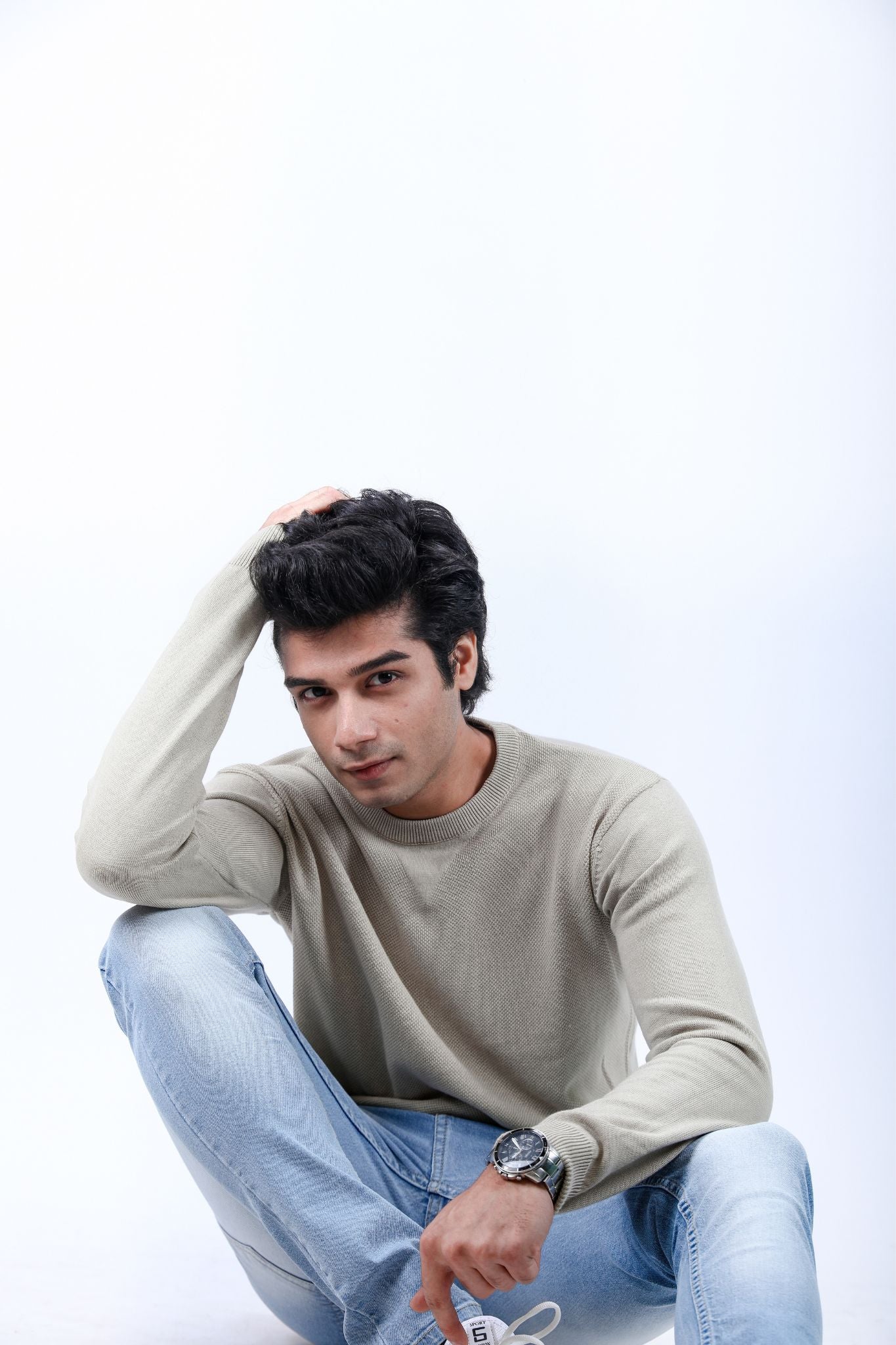 Beige Essential Knit Long-Sleeve T-Shirt