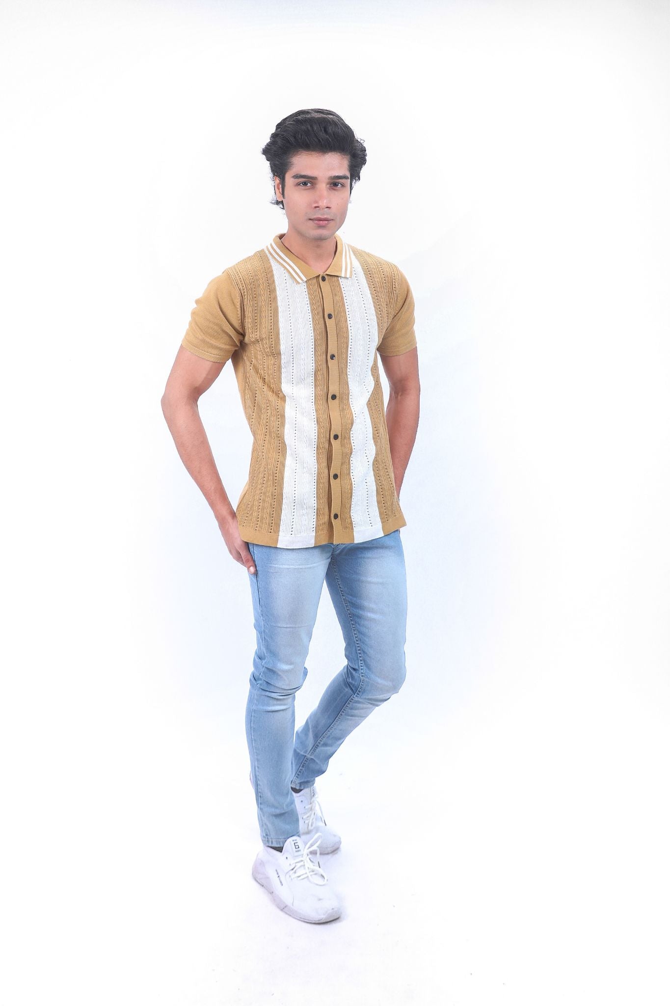 Tan with Cream Stripes Heritage Knit Polo Shirt