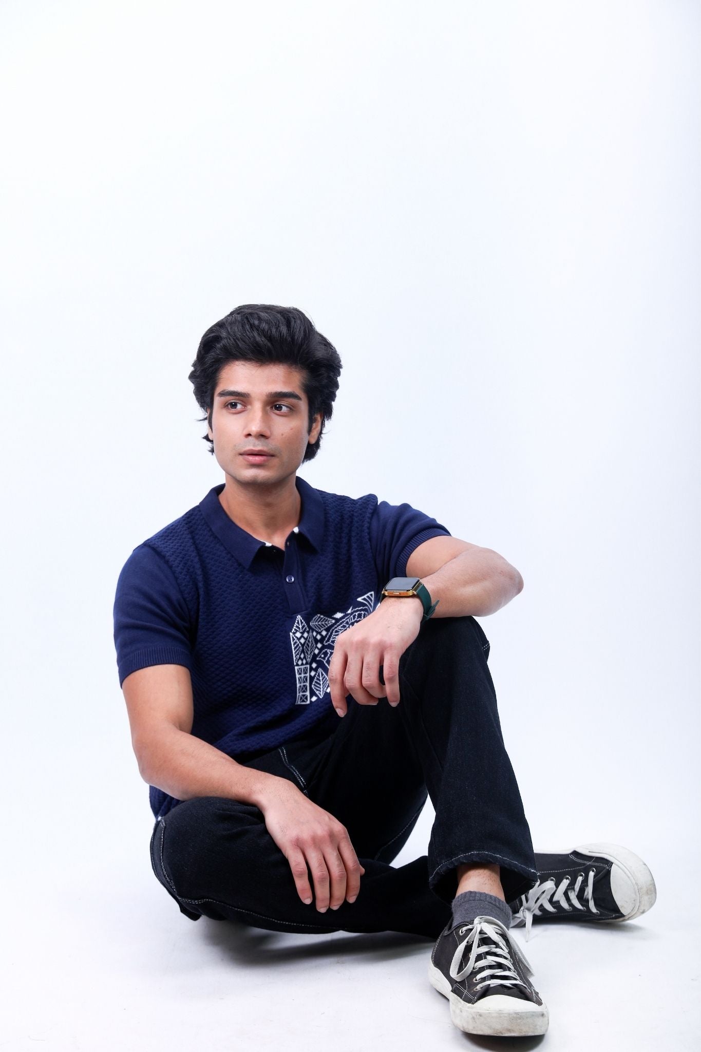 Navy Blue Textured Polo T-Shirt with Geometric Pattern Pocket