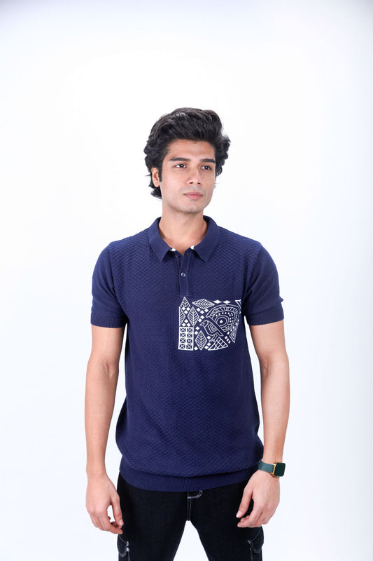 Navy Blue Textured Polo T-Shirt with Geometric Pattern Pocket
