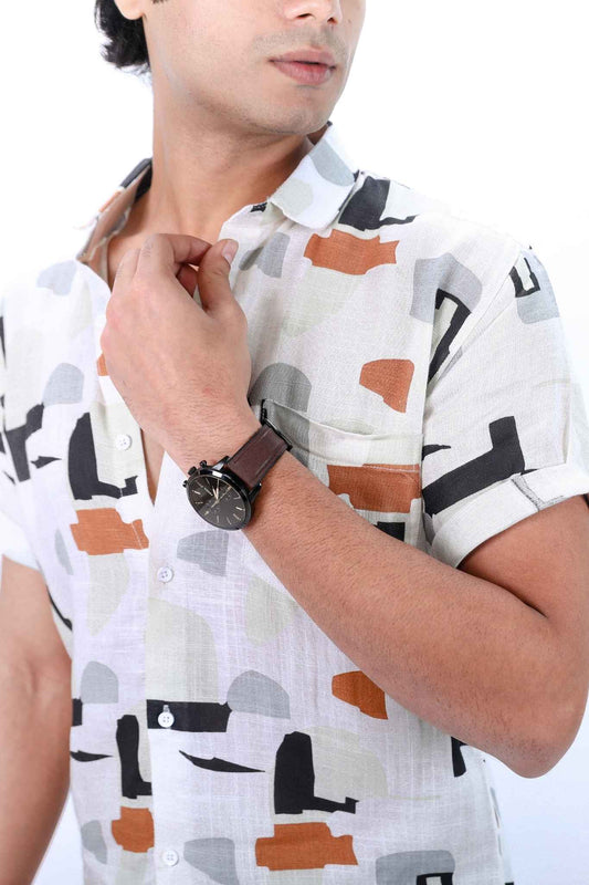 Printed White & Multi Abstract Short Sleeve Shirt