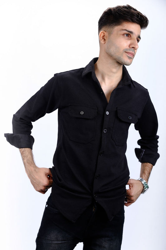 Black Textured Long-Sleeved Shirt